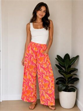 Cynthia Rowley 100% Linen Abstract Print Wide Leg Crop Pants Size Large